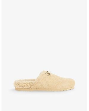 Gucci Gg Horsebit Suede Mules - Natural