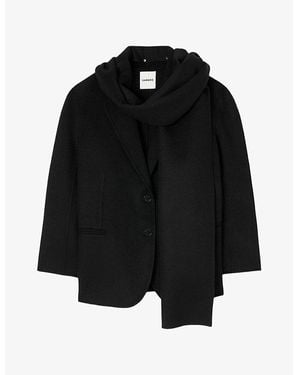 Sandro Short Integrated-Scarf Wool Coat - Black