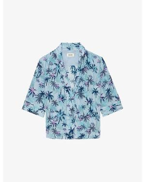 Zadig & Voltaire Palm-Print Short-Sleeved Silk Shirt - Blue