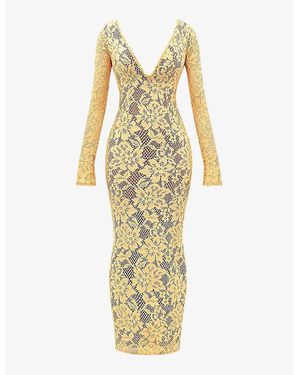 House Of Cb Indiana Plunge-Neck Stretch-Lace Maxi Dress - Metallic