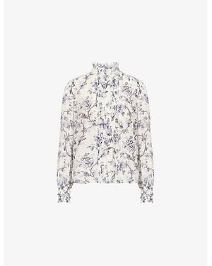 ME+EM Ruffled Botanical-Print Cotton-Silk Blouse - White