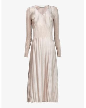 eem V-Neck Slim-Fit Pleated Woven Midi Dress - Natural