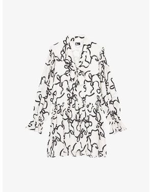 The Kooples Ribbon-Print Ruffle-Trim Silk Mini Dress - White