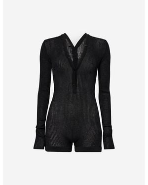 Mugler Long-Sleeve V-Neck Knitted Cotton Bodysuit - Black
