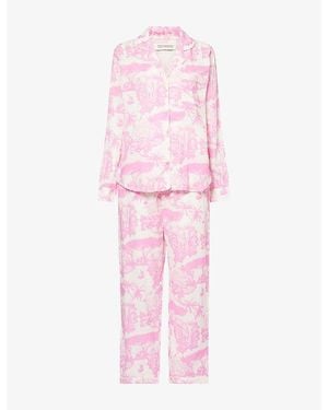 Desmond & Dempsey Placement-Print Long-Sleeve Cotton Pyjama Set - Pink