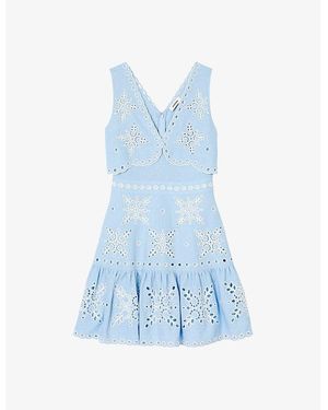 Sandro Broderie-Anglaise V-Neck Linen Mini Dress - Blue