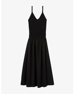 Claudie Pierlot Crochet-Bodice Pleated Cotton And Woven Midi Dress - Black