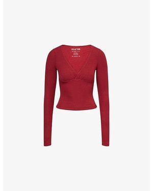 BO+TEE Ribbed V-Neck Stretch-Woven Top - Red