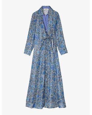 Sandro Floral-Print Side-Tie Woven Midi Dress - Blue