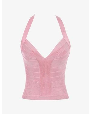 House Of Cb The Contour Halter-Neck Stretch-Woven Top - Pink