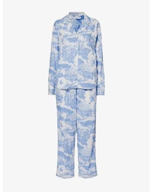 Desmond & Dempsey Loxodonta Graphic-Print Cotton Pyjamas - Blue