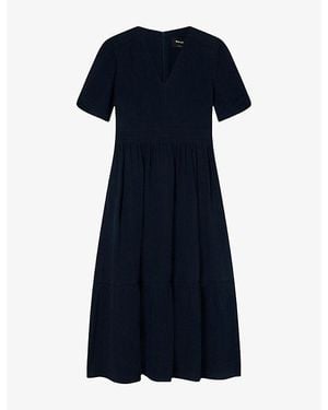Whistles Textured V-Neck Cotton Midi Dress - Blue