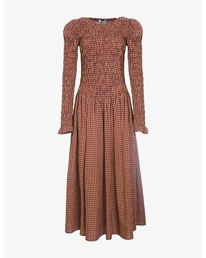 Amy Lynn Gingham-Print Long-Sleeve Woven Maxi Dress - Brown