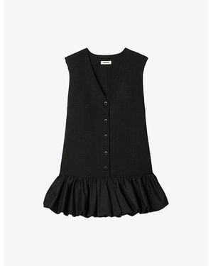 Sandro Ruffle-Hem Button-Down Sleeveless Cotton Mini Dress - Black