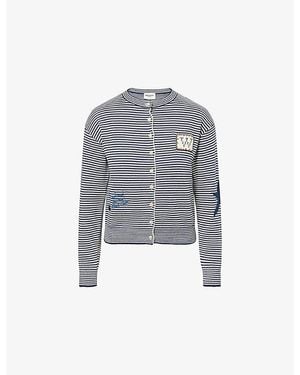 Weekend by Maxmara Striped Logo-Patch Cotton-Blend Cardigan - Blue