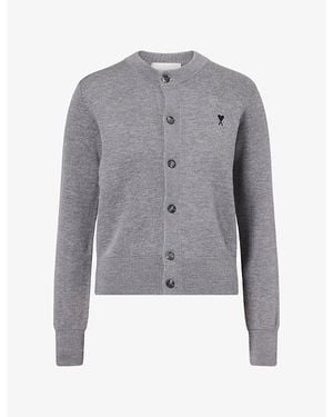 Ami Paris Ami De Coeur Crew Neck Wool Knit Cardigan - Gray