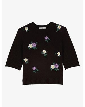 Maje Floral-Embroidered Short-Sleeve Wool-Blend Jumper - Black