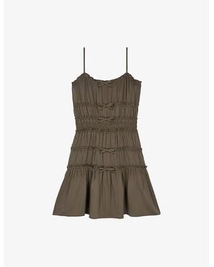 The Kooples Bow-Embellished Shirred-Waist Woven Mini Dress - Brown
