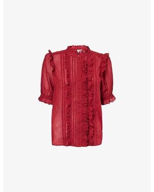 ME+EM Ruffle-Trim Broderie Cotton Blouse - Red