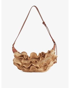 Zimmermann Goldentime Ruffle Raffia Shoulder Bag - White