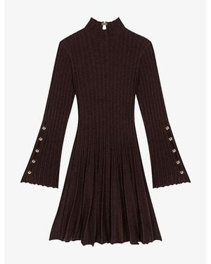 Maje Pleated High-Neck Stretch-Knit Mini Dress - Brown