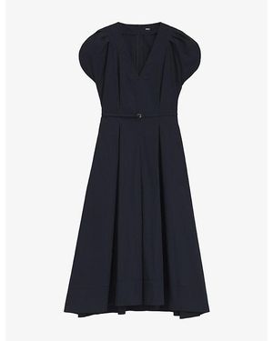 BOSS V-Neck Belted-Waist Cotton-Blend Midi Dress - Blue