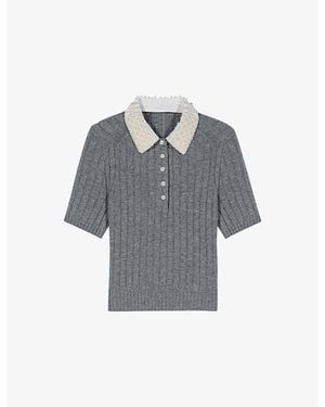 Maje Beaded Removable-Collar Stretch Wool-Blend Jumper - Grey