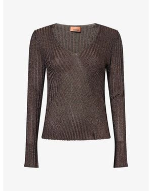Missoni V-Neck Metallic Rib-Knit Jumper - Brown