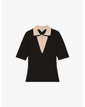 Reiss Stella Contrast-Collar Stretch-Knit Top - Black