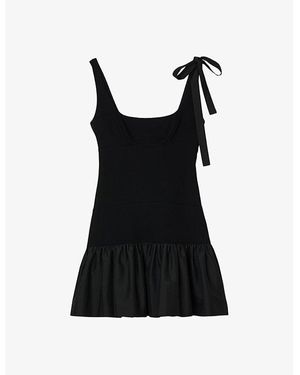 Sandro Ruffle-Hem Shoulder-Tie Stretch-Woven Mini Dress - Black