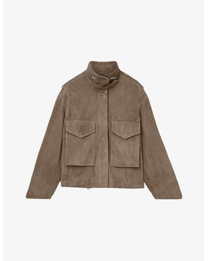 AllSaints Clay Funnel-Neck Relaxed-Fit Suede Jacket - Brown