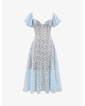 House Of Cb Austen Lace-Embroidered Flared-Sleeve Woven Midi Dress - Blue