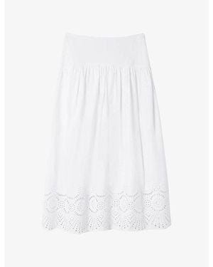 Whistles Flared Broderie-Trim Cotton Midi Skirt - White