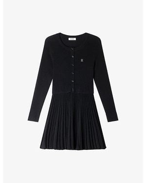 Sandro Pleated-Skirt Round-Neck Stretch-Woven Mini Dress - Black