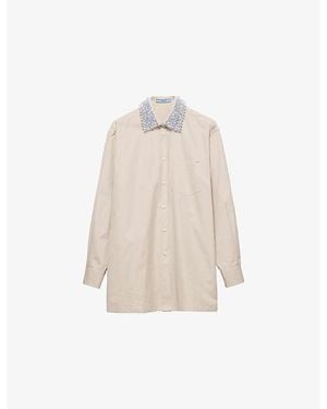 Prada Embroidered-Collar Triangle-Patch Cotton Poplin Shirt - Natural