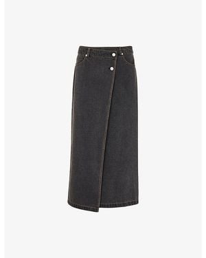 Whistles Wrap Button-Up Denim Midi Skirt - Black