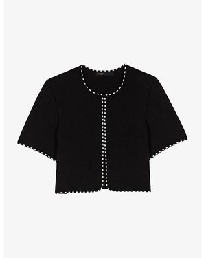 Maje Short-Sleeved Striped-Trim Knitted Cardigan - Black