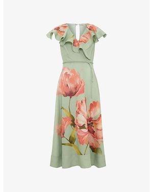 Phase Eight Petite Matilda Floral-Print Linen-Blend Midi Dress - Green