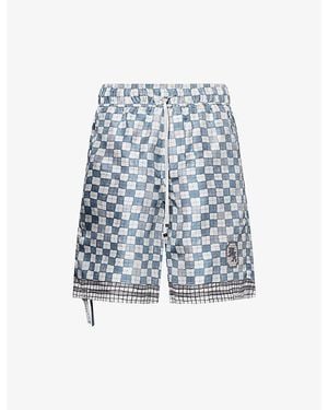 Amiri Chateau Crest Check-Print Silk Shorts - Blue