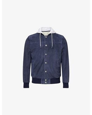 Eleventy Light Detachable-Hood Suede Bomber Jacket - Blue