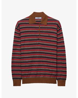 Prada Striped Polo-Collar Cashmere Sweater - Red