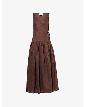 Dissh Ilio Wrap-Over Linen Midi Dress - Brown