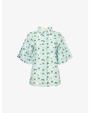 VERANDAH Floral-Print Cotton And Linen-Blend Sleeveless Shirt - Blue
