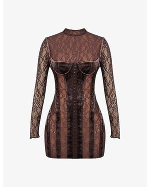 House Of Cb Marica Crushed-Velvet Stretch-Lace Mini Dress - Brown
