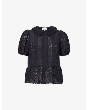 ME+EM Broderie Peplum-Hem Cotton Top - Blue