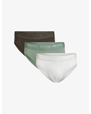 Skims Logo-Waistband Pack-Of-Three Stretch-Cotton Briefs - Green