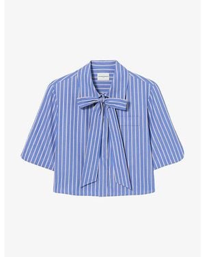 Claudie Pierlot Stripe-Print Tie-Neck Cotton Shirt - Blue