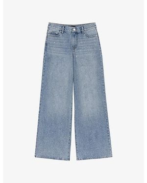 Maje Rhinestone-Embellished Wide-Leg Denim Jeans - Blue