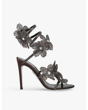 Rene Caovilla Floral Cleo 105 Satin Heeled Sandals - Grey