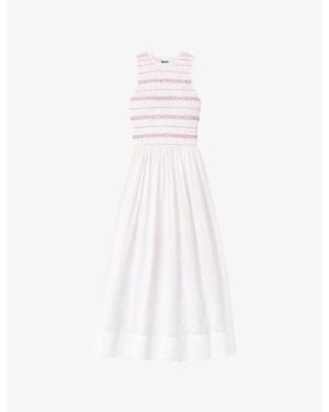 Ro&zo Sleeveless Shirred-Bodice Cotton-Voile Midi Dress - White